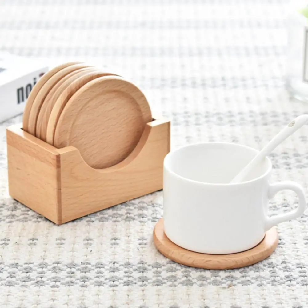 Кухненска поставка за чаши от 7 теми, нескользящая здрава поставка за защита на маса с чекмедже за съхранение, комплект дървени каботажните в японски стил за кафе