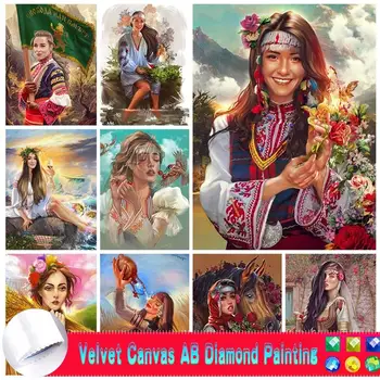 5D AB Velvet платно, Диамантена живопис, Индийското Традиционно Изкуство, Дамски Diamond Мозайка, Бродерия на кръстат бод, Домашен Декор