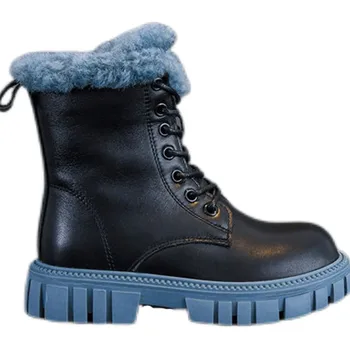 CUZULLAA/Зимни ботильоны за момичета с топла една плюшена подплата, Високи обувки за деца, момчета, Модерни работни обувки дантела, Размер 26-37