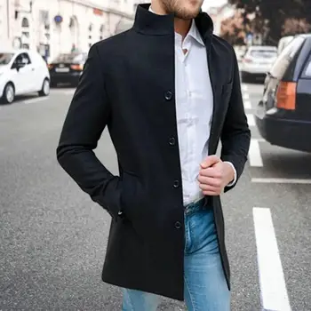 Ветрозащитное палто Стилен мъжки тренч с висока яка, оборудвана, със средна дължина, обикновен, есен-зима, с джобове, дълги ръкави