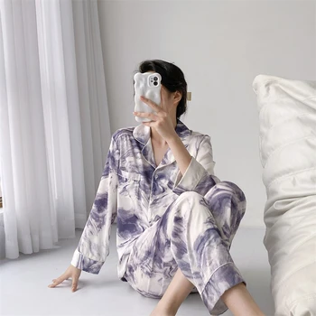 Дамски сатен пижама с ревера, Пижамный комплект с дълъг ръкав, Комплект от две части, дрехи за почивка