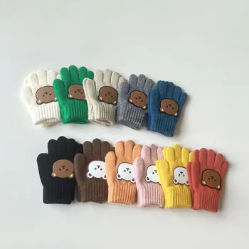 Детски ръкавици с пълни пръсти, Cartoony мечка, Детски плетени калъф за ръкавици, топли зимни ръкавици за момчета и момичета, на открито