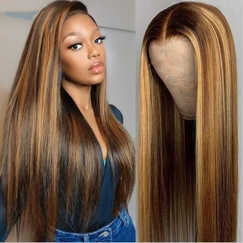 Кафяви женски синтетичен дълга перука с прави коси, трицветна градиентный синтетични перука за жени, в пълен размер, перука, Кафява перука Омбре