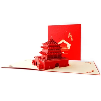 Китайска 3D резба Кула Поздравителна картичка Винтажное сграда Пагода Туристическа благословия хартия подаръци за есенния фестивал