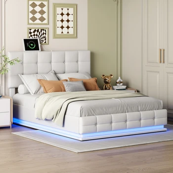 Легло-платформа с хидравлична система за съхранение, светодиодни крушки от полиуретан размер Queen Size и USB зарядно устройство, бяла