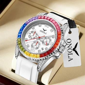 Луксозни часовници ONOLA Мъжки С автоматична дата каишка Силикон Водоустойчив часовник Моден кварцов часовник с Розови диамантен пръстен Reloj 2023