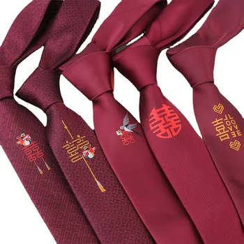 Младоженците Мъжете Младоженеца Хизи Вратовръзки Четиридесет китайски стил Червен ръчно Вратовръзка с Цип Традиционна Вратовръзка Щастие Аксесоари за мъже