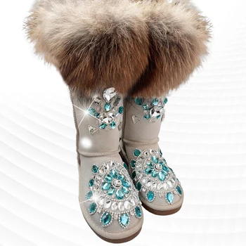 Модни луксозни зимни ботуши с кристали от лисьей вълна, дебели топли нескользящие 100 малки женски памучни обувки за жени