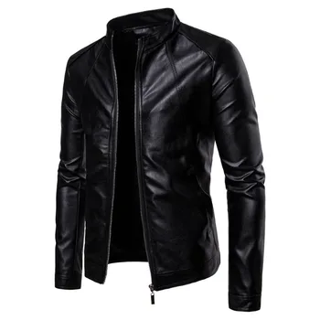 Мъжки приталенная яке, модни обикновен мотоциклет зимни якета, ветрозащитная черна кожа