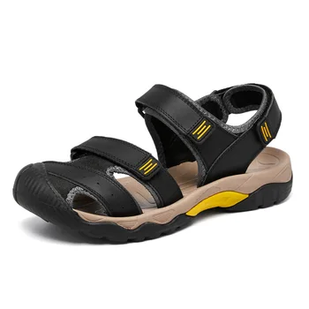 Мъжки улични плажни сандали със затворени пръсти, Летни ежедневни туристически сандали от естествена кожа, мъжки модни сандали Голям размер 48