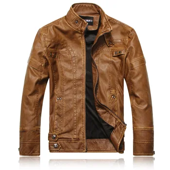 Мъжко кожено яке, есенно-зимно яке от изкуствена кожа на средна възраст с висока яка, плюшен и удебелена модерно яке Motorcy