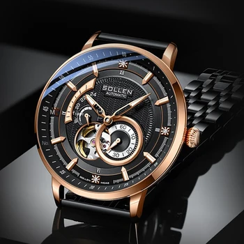 Нов Швейцарски луксозна марка SOLLEN MIYOTA Автоматични механични мъжки часовници с светящимся водоустойчив диамантен пръстен Skeleton Clocks SL356