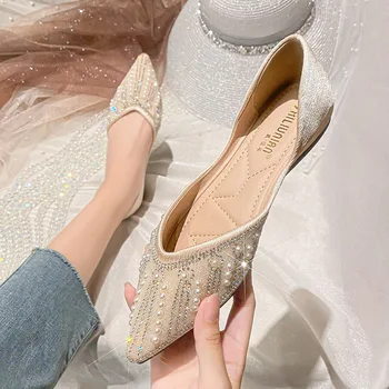 Нови дамски балет апартаменти на равна подметка, украсени с мъниста и кристали, Обувки на плоска подметка с остри пръсти, Елегантни дамски обувки, обувки за Сватба Голям размер 43