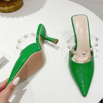 Палав Женски обувки-лодки със зелен змеиным принтом, Модни Сандали с перлата на дизайн, Дамски Джапанки-слипоны с остри пръсти на тънък ниска пета