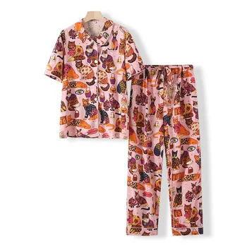 Пижамный костюм с къси ръкави и принтом котка, ежедневни дамски летни и есенни пижама от фин памук, сладка пижама за спящи жени
