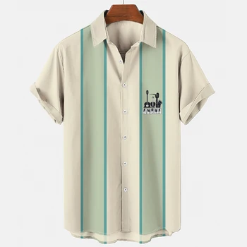 Прости риза с ивици за мъже, облекло, Хавайски плажни ризи с 3D принтом, Върхове y2k с къс ръкав, реколта дрехи, блуза с ревера