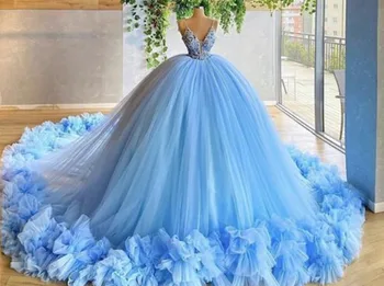 Синя бална рокля Сватбена рокля на Принцеса на тънки спагети презрамки с V-образно деколте