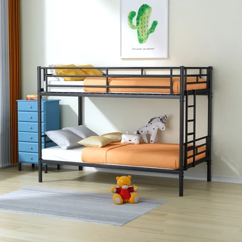 [Спешна разпродажба]двуетажно Метално легло Twin over Twin с подвижни стълби, удобни кръст-образни греди, Черно и бяло, лесно за монтаж [US-W]